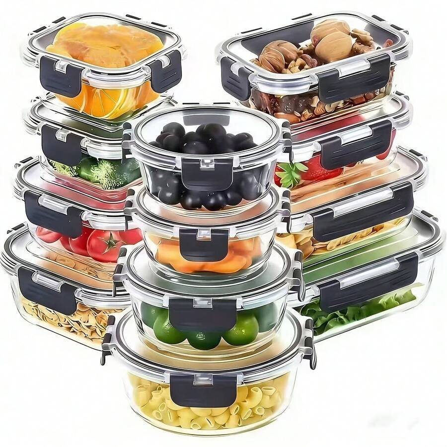 Bộ 12 hộp đựng thực phẩm bằng thủy tinh có nắp đậy, xếp chồng được - Chống rò rỉ, có thể tái sử dụng, có khay chia ngăn, lý tưởng cho việc chuẩn bị bữa ăn, bảo quản thực phẩm và bữa trưa.