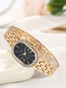 4pcs/Set Women's Elegant Quartz Wristwatch With Steel Strap, Compact Dial With Roman Numeric Scale, Plus Bracelet, No Watch Box Included