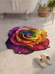 1pc Iridescent Rose Gradient Floral Shaped Rug, With Rainbow Gradient Rose As The Main Body, Bright And Exquisite Style, Suitable For Bathrooms Or Entryways With A Luxurious Or Romantic Aesthetic; The Gradient Colors Enhance The Visual Impact, And The Unique Petal Shape Complements The Elegant Soft Furnishings Of The Bathroom, Elevating The Refined Ambiance Of The Space. - Multicolor - View 1