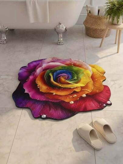 1pc Iridescent Rose Gradient Floral Shaped Rug, With Rainbow Gradient Rose As The Main Body, Bright And Exquisite Style, Suitable For Bathrooms Or Entryways With A Luxurious Or Romantic Aesthetic; The Gradient Colors Enhance The Visual Impact, And The Unique Petal Shape Complements The Elegant Soft Furnishings Of The Bathroom, Elevating The Refined Ambiance Of The Space.