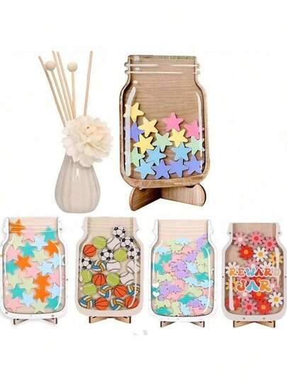 1pc Classroom Star Reward Jar With Decorative Teaching Stickers - Wooden, Suitable For Home And School Use, Motivational Stickers, Teacher Classroom Reward Jar, Essential Back To School Scoring Self-Discipline Jar Gift