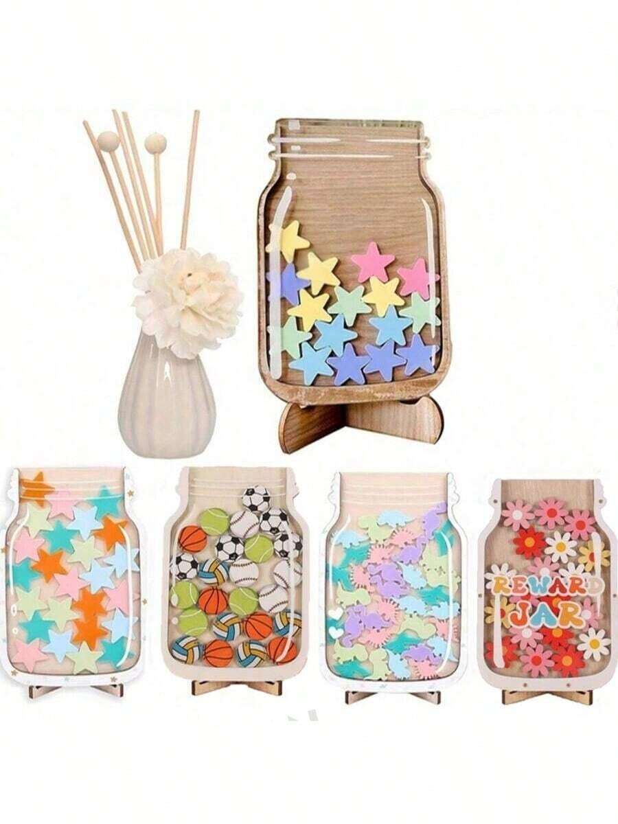1pc Classroom Star Reward Jar With Decorative Teaching Stickers - Wooden, Suitable For Home And School Use, Motivational Stickers, Teacher Classroom Reward Jar, Essential Back To School Scoring Self-Discipline Jar Gift - Multicolor - View 1