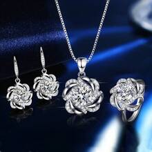 1 Carat Moissanite 925 Sterling Silver Jewelry Set - 1 Carat Moissanite Ring, 1 Carat Moissanite Pendant Necklace, 1 Carat Moissanite Earrings, 1 Carat Moissanite Flower 3 PiecesJewelry Set, Valentine's Day Gift - Silver - View 1