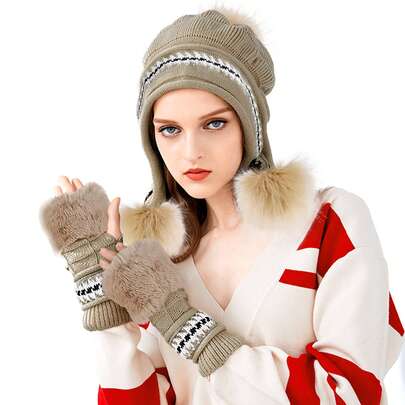 1set Women's Knitted Brimless Winter Ski Hat With Earmuffs And Fluffy Ball Gloves