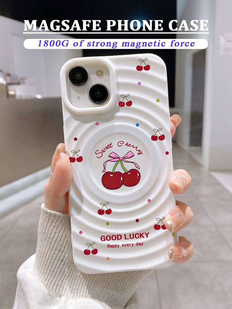 1800G Strong Magnetic Sweet Cherry Bow Tie Design Soft Silicone TPU Protective Phone Case, Y2K Cute Aesthetic Wavy Pattern, Good Luck Slogan, Compatible With IPhone 11, 17 Pro Max, 15, 17 - White - View 1
