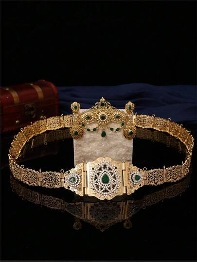 一套复古宫廷风格女士腰带、胸针、耳环首饰套装，锌合金材质，镂空雕刻水滴形镶嵌水钻，摩洛哥风格婚礼派对首饰套装，包含腰链、胸针、耳环。