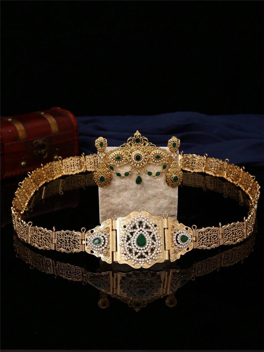 1 Set Vintage Palace Style Women's Waist Belt, Brooch, Earrings Jewelry Set, Zinc Alloy Material, Hollow Carved Water Drop Shape Inlaid With Rhinestones, Moroccan Style Wedding Party Jewelry Set Including Waist Chain, Brooch, Earrings - Multicolor - View 1