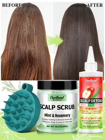 300g Exfoliante de cuero cabelludo + 200ml Tónico exfoliante de manzana y romero para el cuero cabelludo, Producto exfoliante de menta y romero para el cuero cabelludo, Limpia el cuero cabelludo, Champú para el cabello, Champú de limpieza profunda, Champú exfoliante 2 en 1, Absorbe el exceso de aceite, Calma el cuero cabelludo con picazón, Reduce la caspa, Nutre el cuero cabelludo, Fortalece el cabello, Reduce la sequedad y los copos, Mejora la salud del cuero cabelludo, Cuidado semanal del cuero cabelludo apto para todo tipo de cabello