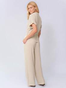 KATCH ME Women's Versatile Collared Rolled-Up Short Sleeve Top & Wide Leg Trousers Co-Ord, Soft Womenswear For Spring & Summer - Beige - View 2