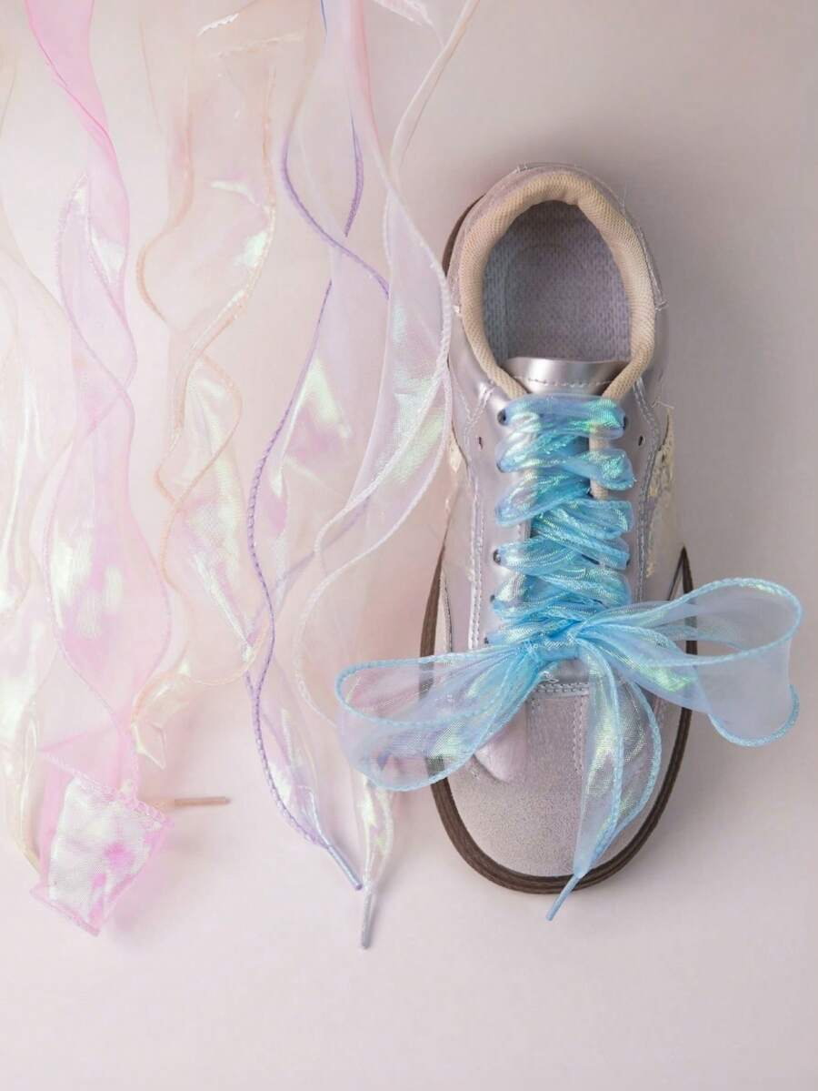 1 Pair 4cm Wide Iridescent Tulle Silk Shoelaces, Wavy Lace Ribbon Mermaid Tail Shoelaces - Multicolor - View 1