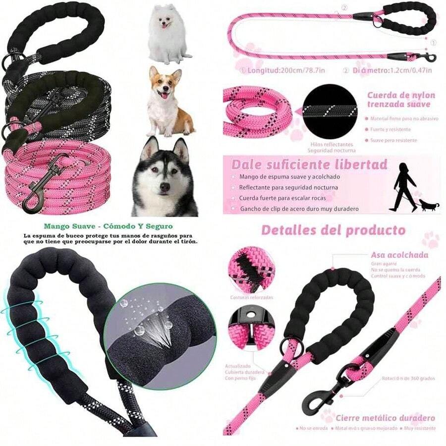 Set de 2 Correas para Perro de 2 M con Mango Acolchado y Costuras Reflejantes para Perros, Correa Giratoria Resistente y Duradera Que no se Enreda, Apto para Perros Pequeos y Medianos - 2m+negro1+rosa - Ver 1