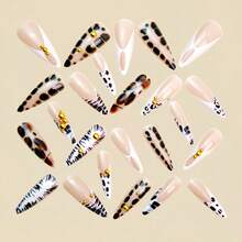 Fashion European And American Ins Style Round Head Long Almond Nail, Flash Diamond Nail Art Patch Leopard Print Smudge Nail Art - Y1262[果凍膠+搓條款] - 查看 3