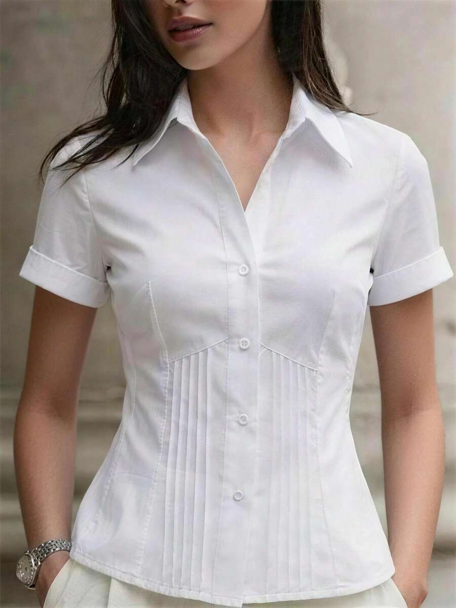 女士休闲日常办公通勤简约纯色短袖褶裥修身衬衫,夏季白色 - 白色 - 查看 1