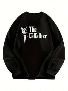 1 PcsMen'S Funny Cat Graphic Sweatshirt - Black Crewneck Pullover With "The Calfather" Text - Soft Polyester Sweater For Everyday & Special Occasions - Machine Washable Casual Top - Ideal Gift For Cat Dads, Cat Shirt, Holiday Outfit, Playful Design, Comfortable Fit, Print Hoodie Alternative, Humor Lovers, Vacation Outfit, Pullover, Durable Material, Unisex Apparel, Humor Enthusiasts - 黑色 - 查看 6