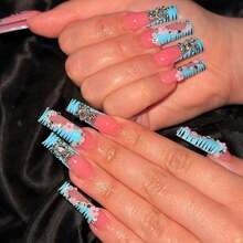 Exquisite Fashion And High-End Sense Of Wearing Nail Cartoon Flash Diamond French Manicure 24 Pieces Of Finished Nail Products, Long Style Atmosphere - Xanh lam công - Xem 1