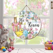 1 tấm bảng trang trí hình thánh giá "Chúa đã sống lại" chủ đề Lễ Phục Sinh, hình trứng, gà con và hoa hồng, dùng trang trí cửa ngoài trời, hiên nhà; vòng hoa gỗ hình tai thỏ kẻ caro kiểu nông trại dùng trang trí tường trong nhà. - Nhiều màu - Xem 3