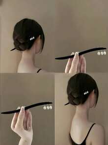 1pc Solid Color Retro Wooden Hair Stick, Faux Pearl Beaded Faux Ebony Hair Clip, New Chinese Style Hair Accessory, Suitable For All Seasons, Head Accessories, Hair Accessories For Women, Bun Extension, Hair Styling Pins, Pins For Hair - Black - View 1