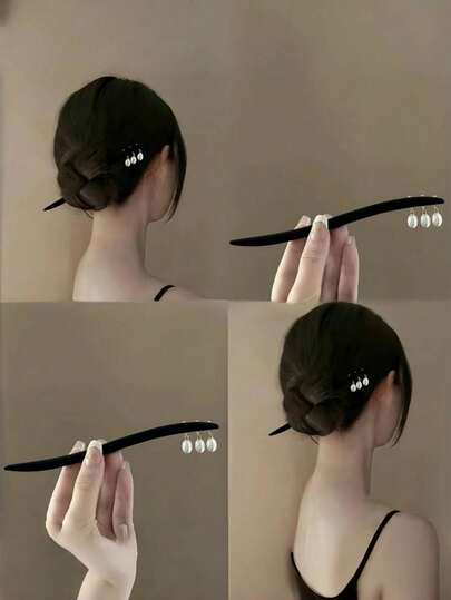1pc Solid Color Retro Wooden Hair Stick, Faux Pearl Beaded Faux Ebony Hair Clip, New Chinese Style Hair Accessory, Suitable For All Seasons, Head Accessories, Hair Accessories For Women
