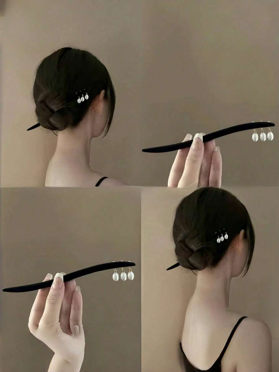 1pc Solid Color Retro Wooden Hair Stick, Faux Pearl Beaded Faux Ebony Hair Clip, New Chinese Style Hair Accessory, Suitable For All Seasons, Head Accessories, Hair Accessories For Women, Bun Extension, Hair Styling Pins, Pins For Hair - Black - View 1