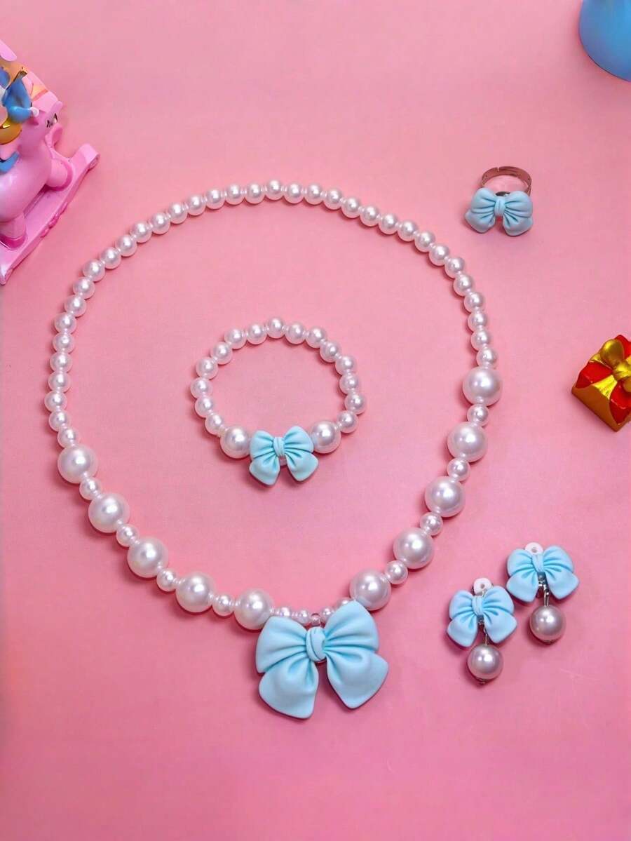 5件套女孩可爱蝴蝶结珍珠首饰套装，包括项链、手链、耳环和戒指，优雅公主风礼物