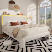 Gunji Upholstered Queen Bed Frame, Noise-Free Metal Support & Cloud Boucle Headboard With USB Charging Station & LED Lights, No Box Spring Needed, Beige* Bed Frame Queen Bed Frame Bed Queen Bed Frame Bedroom Furniture - 米色 - 查看 11