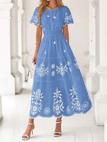 Spring & Summer New Arrival Women's Bohemian Dress - Casual Floral Short Sleeve V-Neck Maxi Style With Elastic High Waist & Pockets - 淺藍底白花 - 查看 4