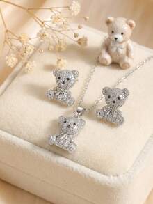 2件套可爱立方氧化锆小熊吊坠项链和耳环不锈钢首饰套装，适合女孩派对、生日礼物、日常佩戴 - 銀色 - 查看 4