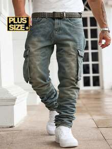 Men's Plus Size 1XL-6XL Jeans, Vintage Multi-Pocket Cargo Men's Denim Pants, Slim Straight Stretchy, New Autumn Winter Collection, Cold-Resistant, Durable, Street Style - 海藍色 - 查看 7