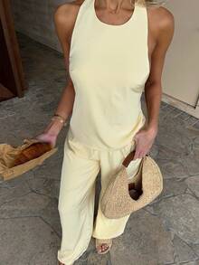 GAOVOT 2件套女士休闲性感黄色吊带背心和宽松直筒阔腿裤套装，夏季 - 黃色 - 查看 7