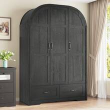 Armoire Wardrobe With Mirror & Lights, 71" Farmhouse Arched Design, Features Hanging Rod & Drawers For Bedroom Storage - 黑色 - 查看 2