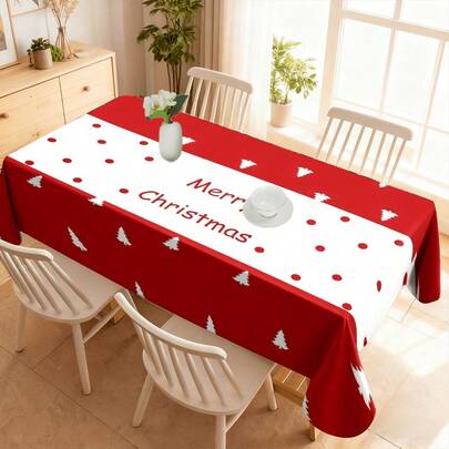 1pc Christmas Red Background With White Tree Pattern Tablecloth With "MERRY CHRISTMAS" Detail, Machine-Washable Polyester Fabric, With Durable, Easy-Clean, Stain-Resistant, Decorative Functions, Festive Bright Style, Tablecloth, Suitable For Family Gathering, Holiday Decor & Christmas Party