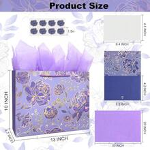 13\ Gold Purple Flower Gift Party Bags For Monther's Day,Happy Birthday Gift Bag With Tissue Paper Greeting Card For Women' Birthday Party, Wedding,Anniverss - 金紫色 - 查看 5