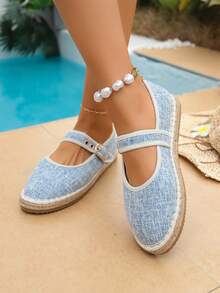 新款复古优雅简约清新蓝色百搭亚麻绳底亚麻布中底透气舒适时尚休闲搭扣可调节轻便平底乐福鞋 - 淺藍色 - 查看 7
