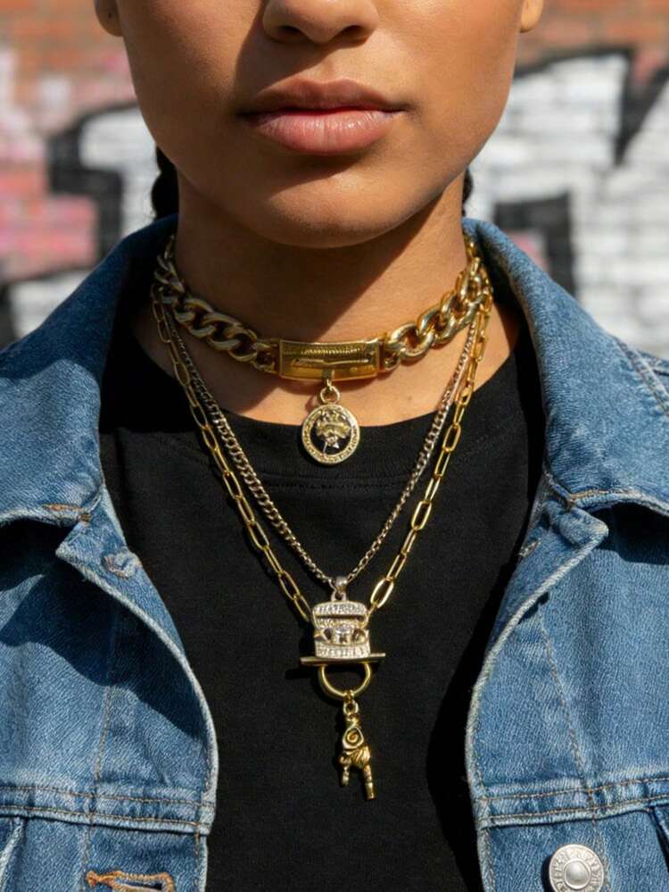 MECYLIFE 1pc Rock And Roll Jewelry Rock Gesture Necklace Stainless Steel Paper Clip Chain OT Chain Necklace For Women - Yellow Gold - View 4