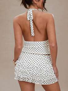 Women Polka Dot 2 Piece Skirt Outfits Sets Halter V-Neck Backless Top Ruffle Layered Mini Skirt Summer Y2k Outfits - trắng - Xem 4
