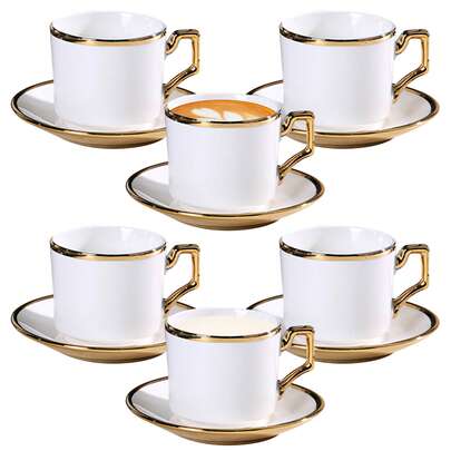 6-Piece Ceramic Espresso Set With Saucers - 3.5 Oz Turkish Coffee Cup Set With Gold Trim,For Latte & Tea. Dishwasher & Microwave Fridenly, The Perfect Gift For Creating A Home Café