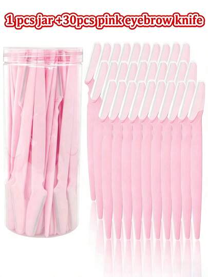 30/12/6/3/1 浅粉色眉毛剃刀套装，包含眉毛修剪器、剃毛器、去角质脱毛工具、身体及面部脱毛护理套装，配有精密刀头盖和长柄刀片，适合女性旅行使用。