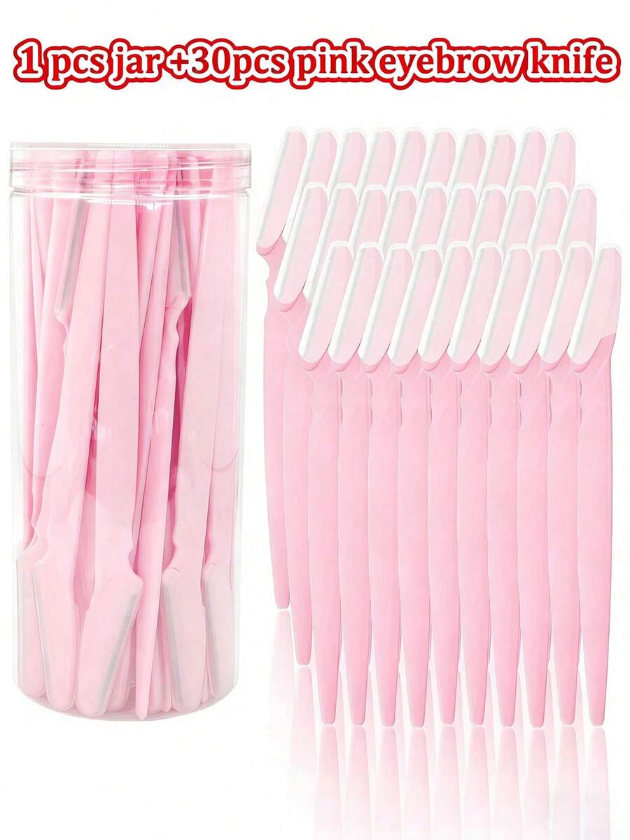 30/12/6/3/1 浅粉色眉毛剃刀套装，包含眉毛修剪器、剃毛器、去角质脱毛工具、身体及面部脱毛护理套装，配有精密刀头盖和长柄刀片，适合女性旅行使用。