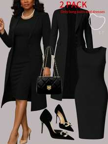 Bộ đồ 2 mảnh thanh lịch dành cho nữ cỡ lớn, màu trơn, tối giản, đa năng gồm áo khoác cardigan dài và váy ôm sát dài đến đầu gối, phù hợp cho đi làm, du lịch, dự tiệc, đám cưới, mùa xuân/thu/đông, chất liệu polyester co giãn màu đen. - màu đen - Xem 1