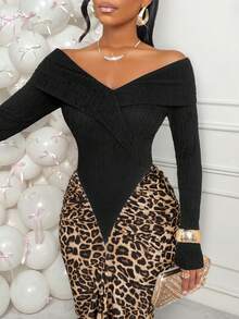 AIJ Amarilo Black & White Patchwork Sexy Off-Shoulder Ruffle Hem Long Sleeve Asymmetrical Pleated Waist Fitted Elegant Maxi Party Dress, Made Of Stretchy Knit Fabric, Suitable For Christmas, New Year, Graduation, Gala, Autumn/Winter Occasions - Brown - View 6