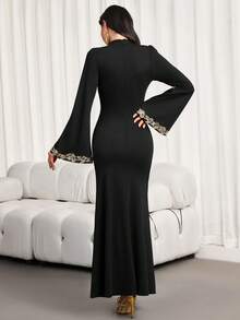 优雅立领，超长喇叭袖，阿拉伯风格贴花装饰连衣裙 - 黑色 - 查看 2