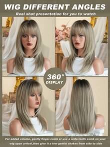 AKAKO Tóc giả dài vừa phải màu vàng tro ánh kim cho nữ, 18 inch, tóc thẳng tỉa lớp bằng sợi tổng hợp có mái, chân tóc tối màu, trông tự nhiên, làm từ sợi chịu nhiệt, thích hợp cho các bữa tiệc hàng ngày, lễ tình nhân, lễ hội âm nhạc và hóa trang Halloween. - Vàng lanh - Xem 5