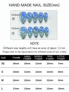 10 Pieces Of Purely Handmade Wearable Nail Tips, Short Almond-Shaped Nail Type With Press-On Fake Nails, Featuring A Cool Style, Hand-Painted Dark Green Nail Base Color, Three-Dimensional Transparent Asymmetrical Water Droplets, Hand-Painted Starburst Patterns, Blue Aurora Effect On The Nail Surface Nail Supplies - Multicolor - View 8