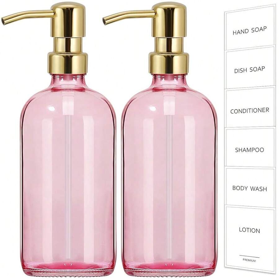 GMISUN Pink Soap Dispenser Bathroom, 2 Pack Kitchen Hand And Dish Soap Dispensers Set, 17 Fl Oz Pink Glass Soap Dispenser With Gold Pump, Refillable Modern Farmhouse Liquid Soap Pump Bottles - 粉紅色瓶子+金色泵 - 查看 1