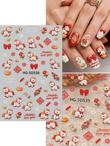 5片/套 中国新年卡通马3D美甲贴纸，节日气氛浓厚，中国风，马年主题，5D精致贴纸，适用于情人节、复活节、音乐节、婚礼季、狂欢节等场合，易于粘贴的美甲装饰，DIY，节日礼物，Y2K - 彩色 - 查看 3