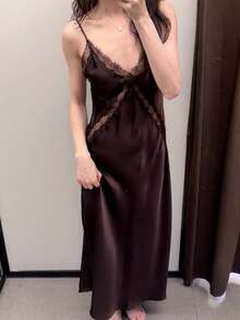 優雅女款復古蕾絲拼接緞面質感中長洋裝，性感V領細肩帶荷葉邊派對洋裝，夏季棕色 - 棕色 - 查看 3
