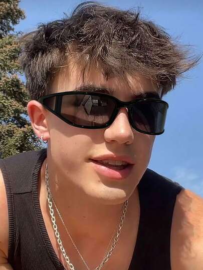 1 PC Men Narrow Frame Fashion Glasses Black Frame Full Black Lens Streetwear Edgy Acrylic Fashion Glasses Summer Outdoor Styling UV Protection Cool Accessory With Glasses Box