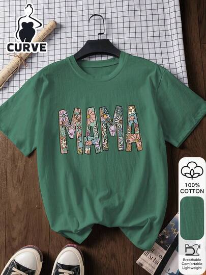 MAMA Letter Print Plus Size Casual 100% Cotton Short Sleeve Top, Cotton, Outerwear, Oriental Aesthetic Streetwear Graphic T-Shirt, Easter 100% Cotton T-Shirt, 2026 Back To School Inspiration, School Essential, First Day Of School, 2026 Back To School Fashion, Retro Ladies Top, Collegiate Style