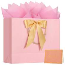 1PCS Gift Bags With Ribbon And 1 Greeting Cards 2 Tissue Paper, Large Portable Paper Gift Bag With Handles, Birthday Gift Bags, Present Bags For Christmas Wedding (Pink) - pink - 查看 1