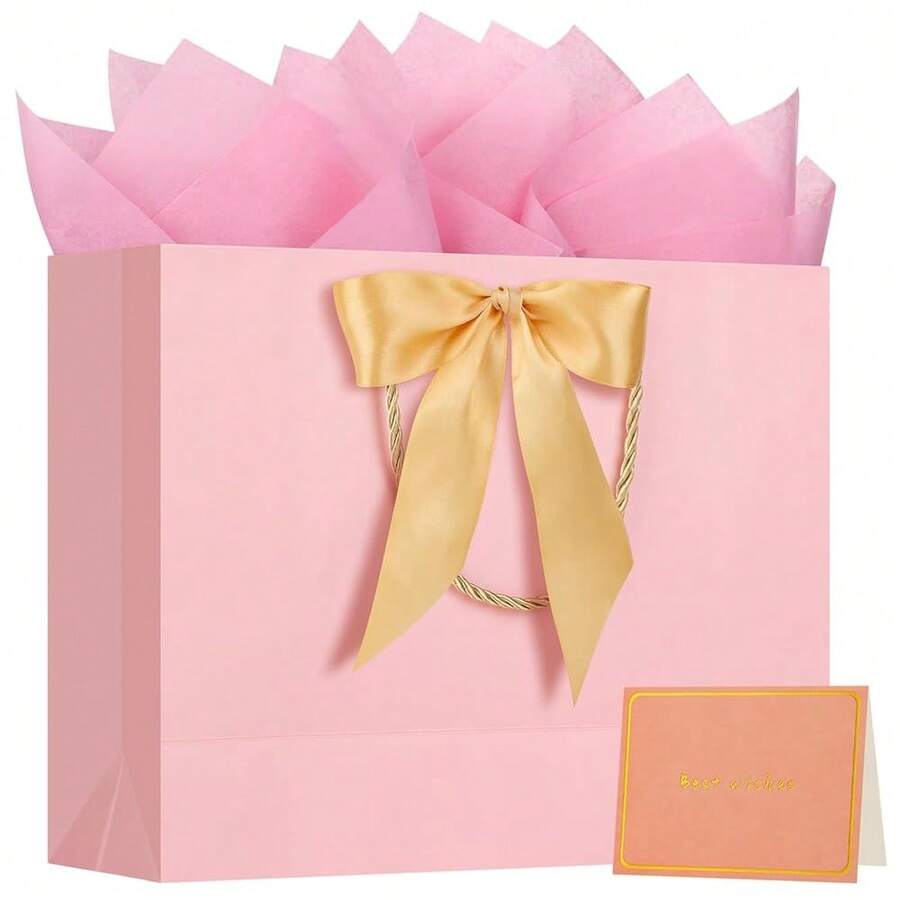 1PCS Gift Bags With Ribbon And 1 Greeting Cards 2 Tissue Paper, Large Portable Paper Gift Bag With Handles, Birthday Gift Bags, Present Bags For Christmas Wedding (Pink) - pink - 查看 1